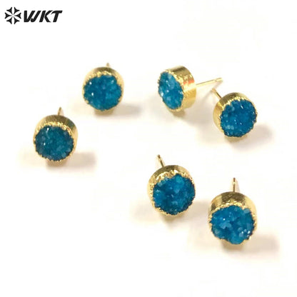 WT-E155 Wholesale Fashion 18k Real Gold Plated Natural Stone Studs Earrings Fashion Women Gold Trim Round Druzy Quartz Studs