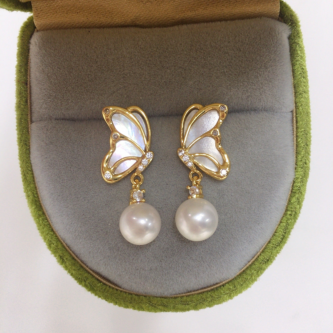 WT-MPE175 Exquisite Gold Plated Zircon And Round Mother Of Pearl Butterfly Earrings As Lady Daily Wearing Elegant Accessory