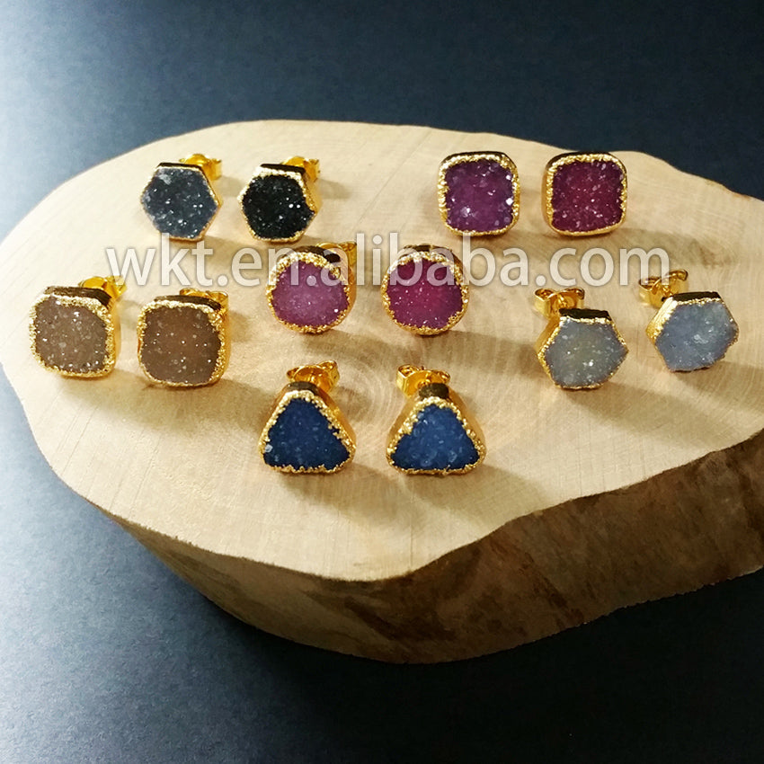 WT-E125 Gorgeous Tiny Sparkly Flat Agate Druzy Earring Hexagon Round Triangle square Druzy Earring Studs