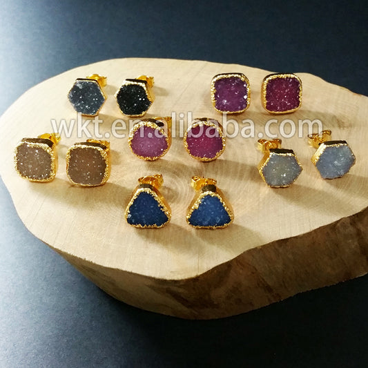 WT-E125 Gorgeous Tiny Sparkly Flat Agate Druzy Earring Hexagon Round Triangle square Druzy Earring Studs