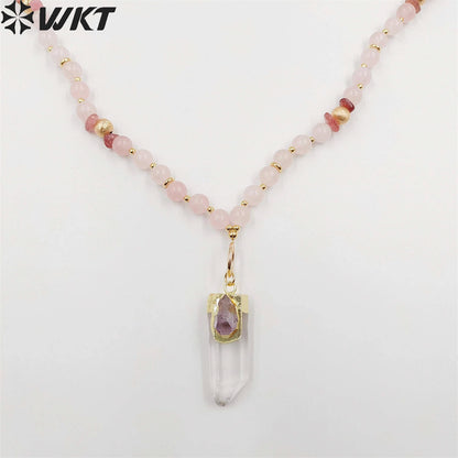 WT-N1411 WKT New Design Women Long Energy Pink Crystal Quartz Point Pendant Necklace Lucky Elegance Shirt Chain Necklace