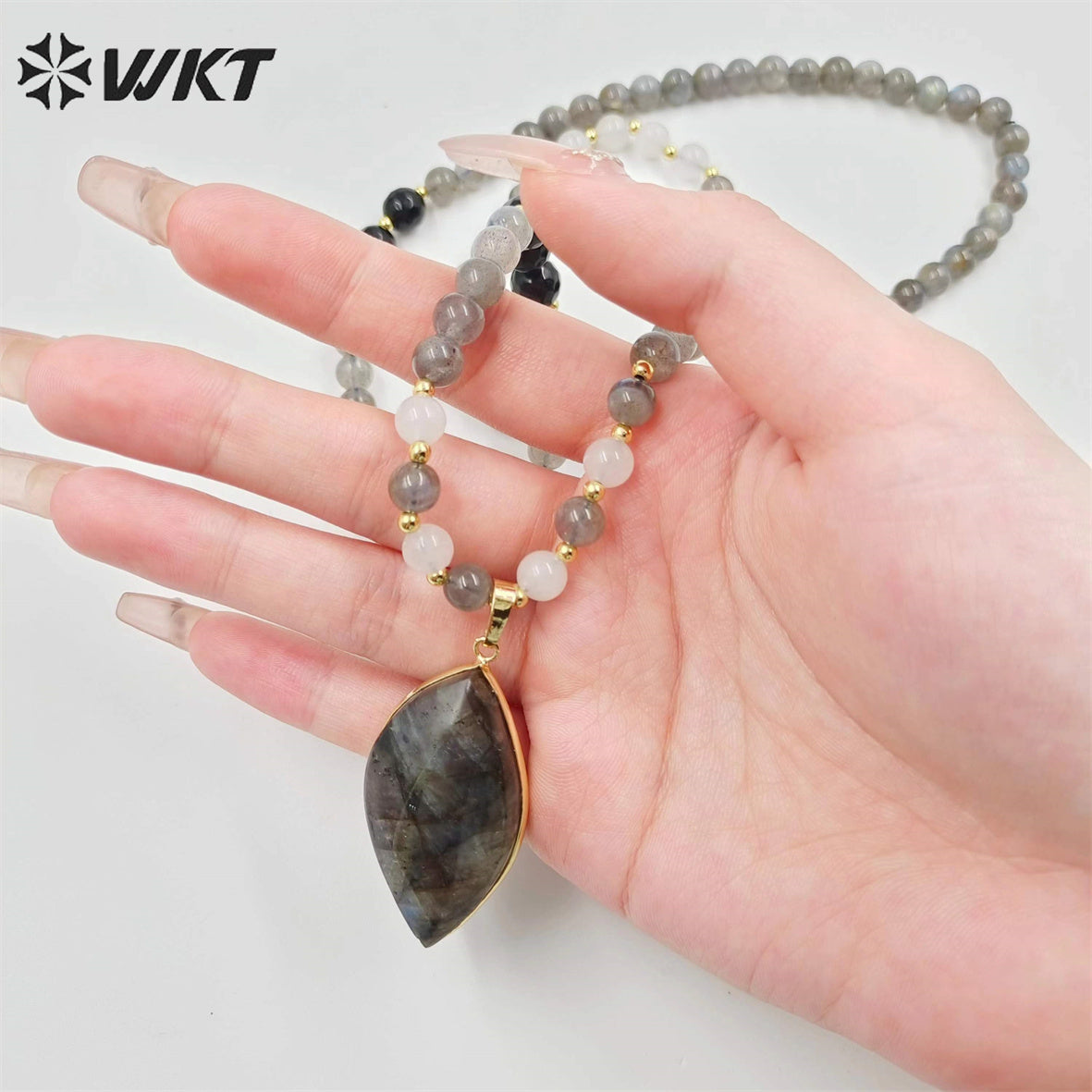 WT-N1417 New Handmade Long 6mm Round Beads Labradorite Pendant Necklace Women Trendy Shirt Chain Casual Boho Chain