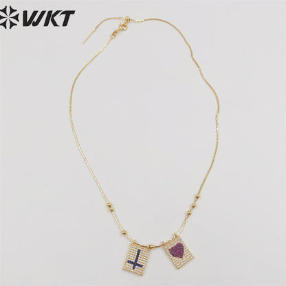 WT-N1385 Wholesale Fashion Gold Electroplated Micro Pave Cubic Zircon Necklace Lady Elegant Religious Cross Heart Necklace