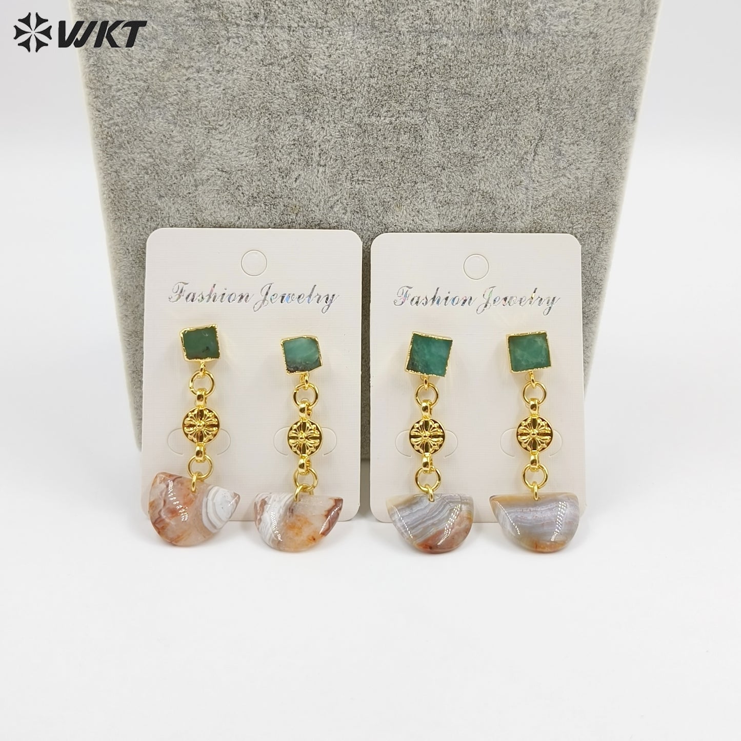 WT-E794 New Arrival Gold Plated Natural Mexico Agate And Chrysoprase Jade Semicircle Pendant Earrings For Girl Elegant Jewelry