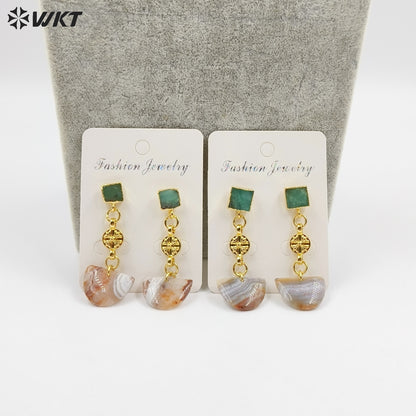 WT-E794 New Arrival Gold Plated Natural Mexico Agate And Chrysoprase Jade Semicircle Pendant Earrings For Girl Elegant Jewelry