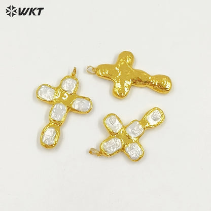 WT-JP420 New Sales Square Natural Freshwater Pearls Back Full Gold Plated Cross Shape Pendant For Jewelry DIY Accessories
