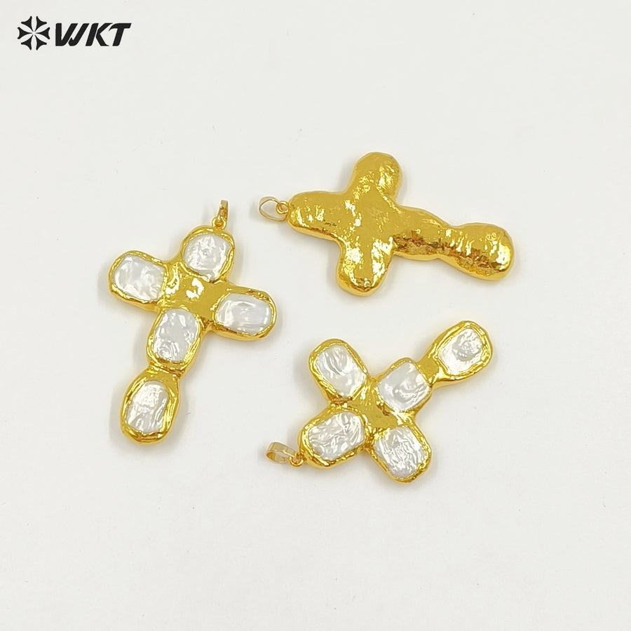 WT-JP420 New Sales Square Natural Freshwater Pearls Back Full Gold Plated Cross Shape Pendant For Jewelry DIY Accessories