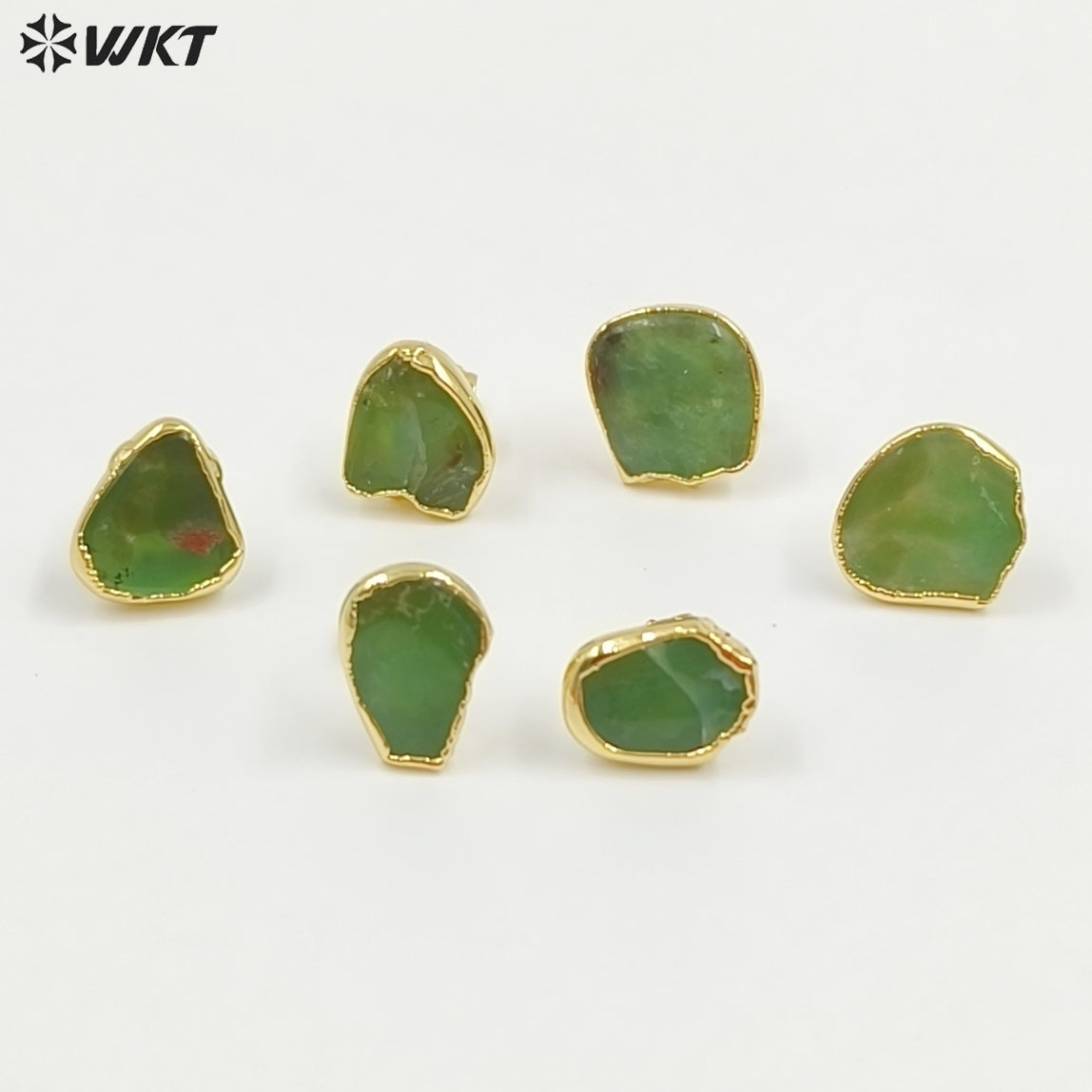 WT-E263 Wholesale Natural Precious Chrysoprase Jade Studs Earrings, 24K Gold Plated Australia Chrysoprase Studs Earrings