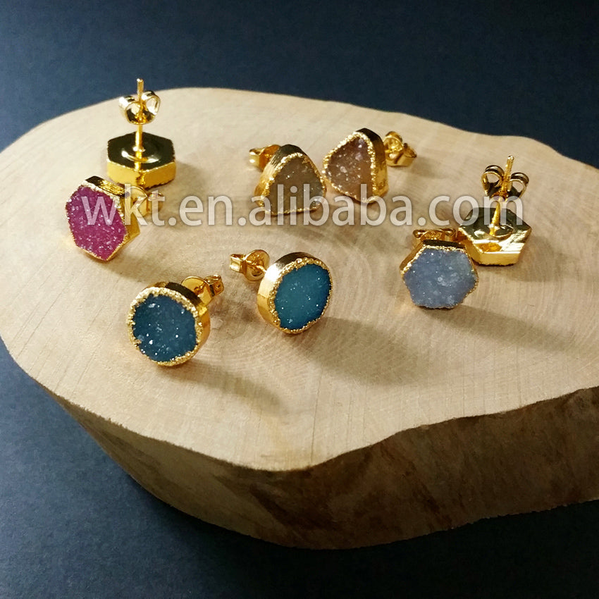 WT-E125 Gorgeous Tiny Sparkly Flat Agate Druzy Earring Hexagon Round Triangle square Druzy Earring Studs