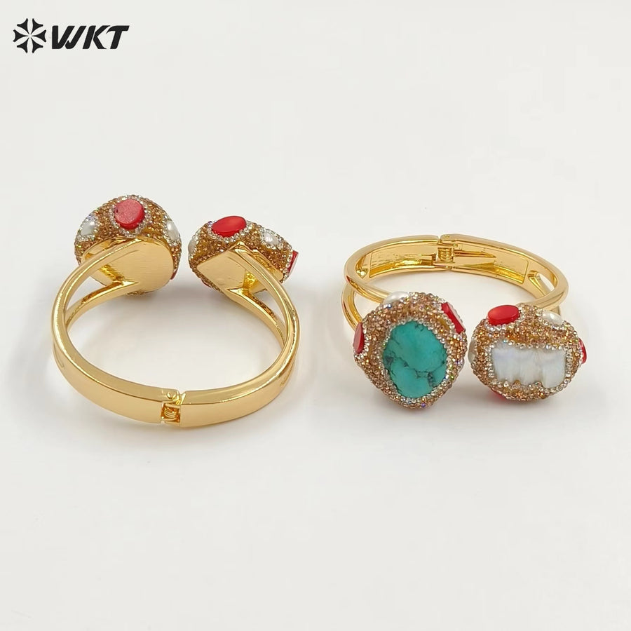 MPB107 Gorgeous Hand Make Rhinestone Paved Natural Gold Plated Cuff Green Turquoise and Pearl Bangle in Retro Style