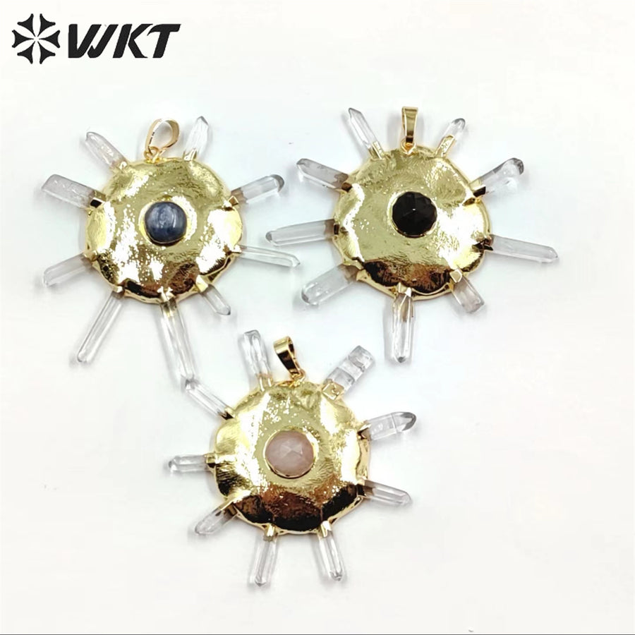 WT-P1884 WKT New Design Fashion Crown Shape Crystal Quartz Pendant Boho Women Round Wheel Stone Pendant for Necklace