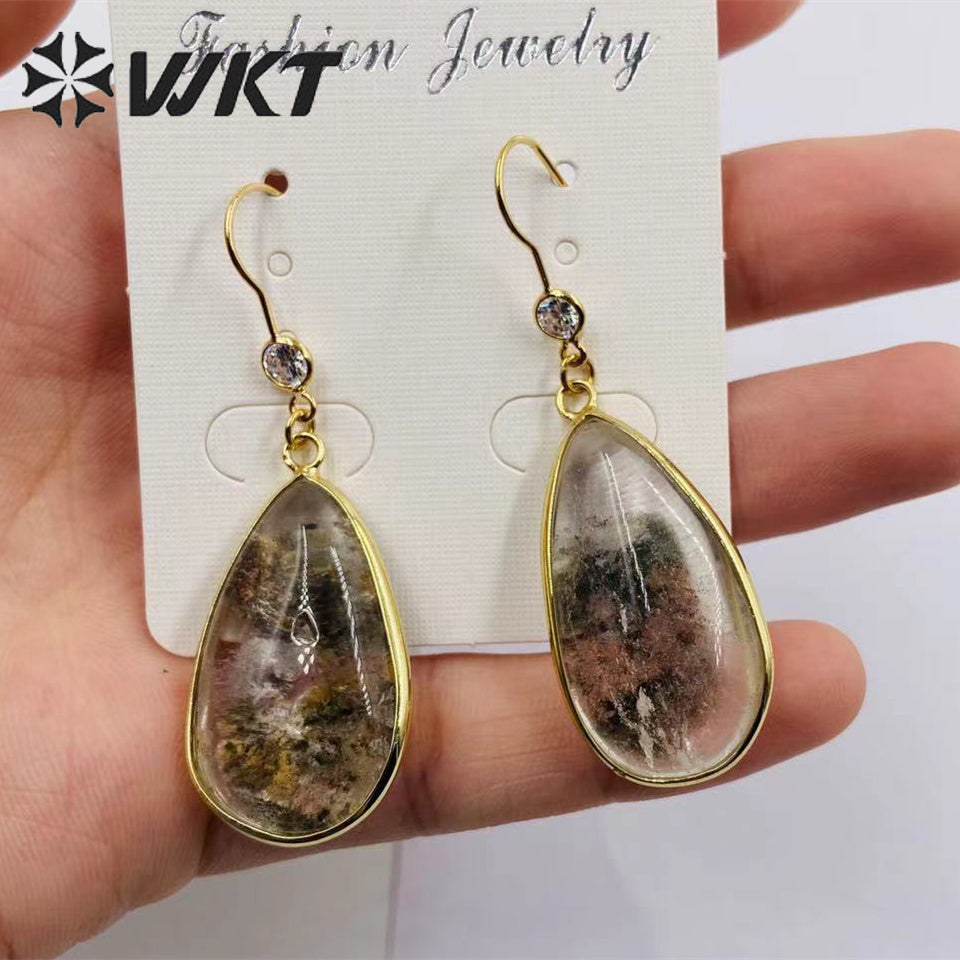 WT-E718 Classical Irregularity Healing Transparency Moss Agate Exquisite Gold Plated Needle Earrings Energy Healing Quartz Hoop