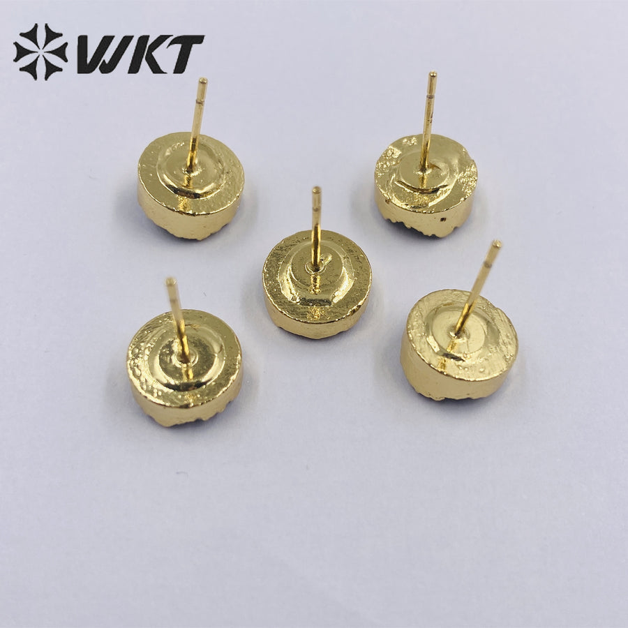 WT-E155 Wholesale Fashion 18k Real Gold Plated Natural Stone Studs Earrings Fashion Women Gold Trim Round Druzy Quartz Studs