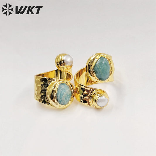 WT-R438 Amazing Hot Double Stone Ring for Women 18k Real Gold Plated Resist Tarnishable Amazonist Pearl Ring for Birthday