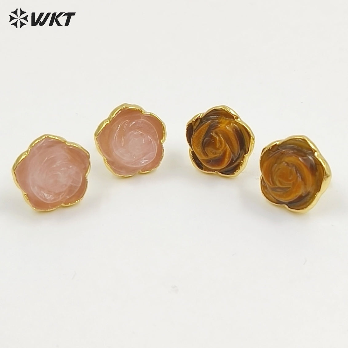 WT-E813 Exquisite Gold Plated Natural Gemstone Hand Carved Rose Flower Shape Little Earrings Studs For Lady Daily Jewelry