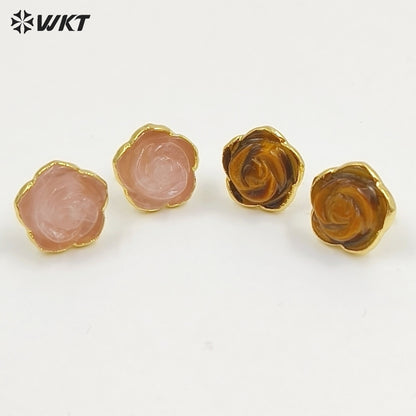 WT-E813 Exquisite Gold Plated Natural Gemstone Hand Carved Rose Flower Shape Little Earrings Studs For Lady Daily Jewelry