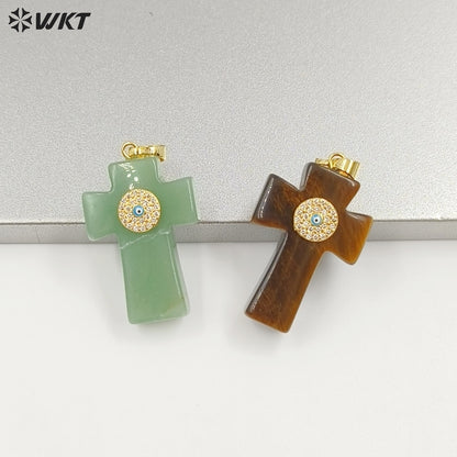 WT-P2046 Hot Sales Vintage Style Rose Quartz Multi Natural Gemstones With Zircon Cross Pendants For Women Fashion Jewelry Making