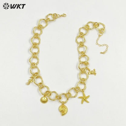 WT-JFN45 Summer Popular Yellow Brass 18K Gold Plated Big Circle Chain With Multi Little Charms Necklace For Cool Girls Jewelry