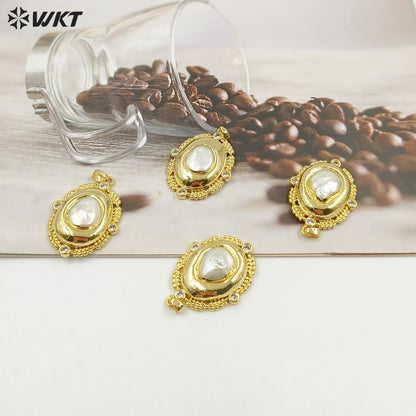WT-JP455 Simple Design Back Full Gold Electroplated Natural Freshwater Pearl Round Pendants For Boutique Necklace Making