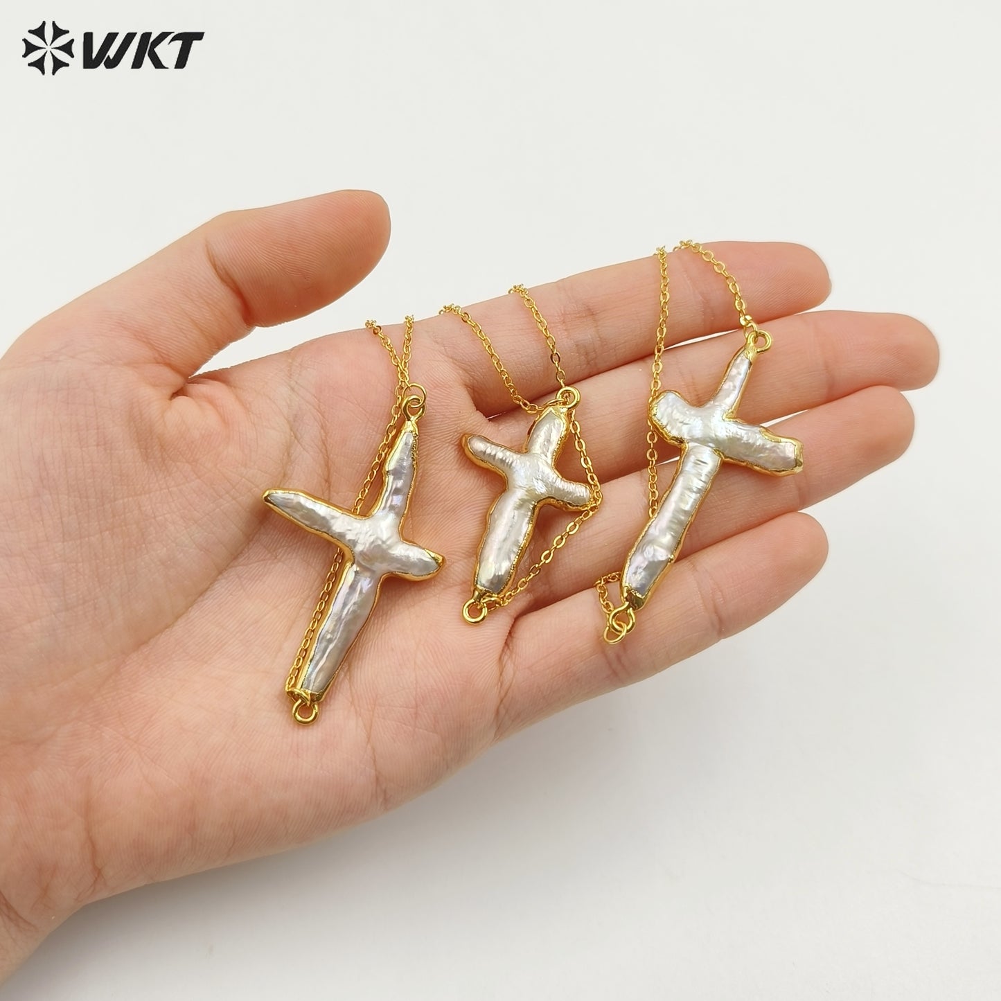WT-N659 Wholesale Vintage Natural Freshwater Pearl Necklace, Fashion Gold Plated Double Loops Pearl Cross Necklace