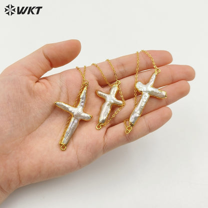 WT-N659 Wholesale Vintage Natural Freshwater Pearl Necklace, Fashion Gold Plated Double Loops Pearl Cross Necklace