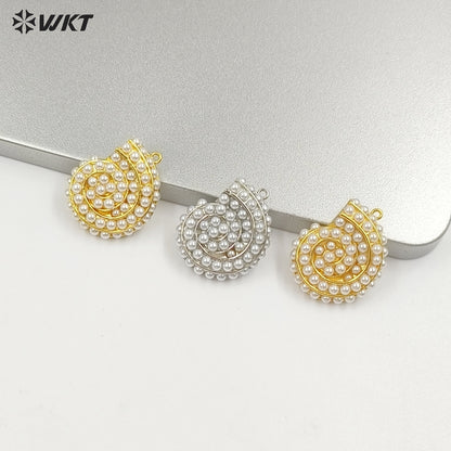 WT-MP314 Popular Sales Marine Animal Series Whorl Shape Gold Plated Brass With Artificial Pearl Lovely Pendant Jewelry Accessory