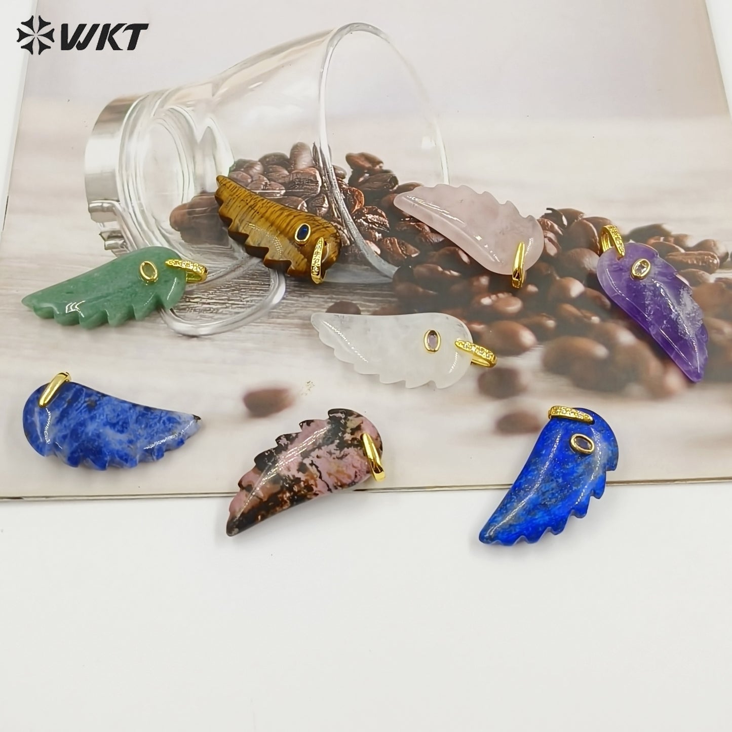 WT-P2061 Amazing Vaious Natural Gemstones And Zircon Carve Feather Shape Pendants As Female Cute Earrings DIY Accessory