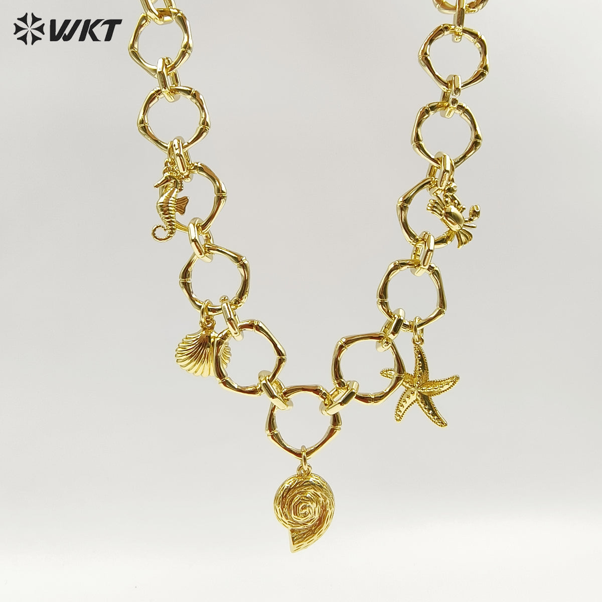 WT-JFN45 Summer Popular Yellow Brass 18K Gold Plated Big Circle Chain With Multi Little Charms Necklace For Cool Girls Jewelry