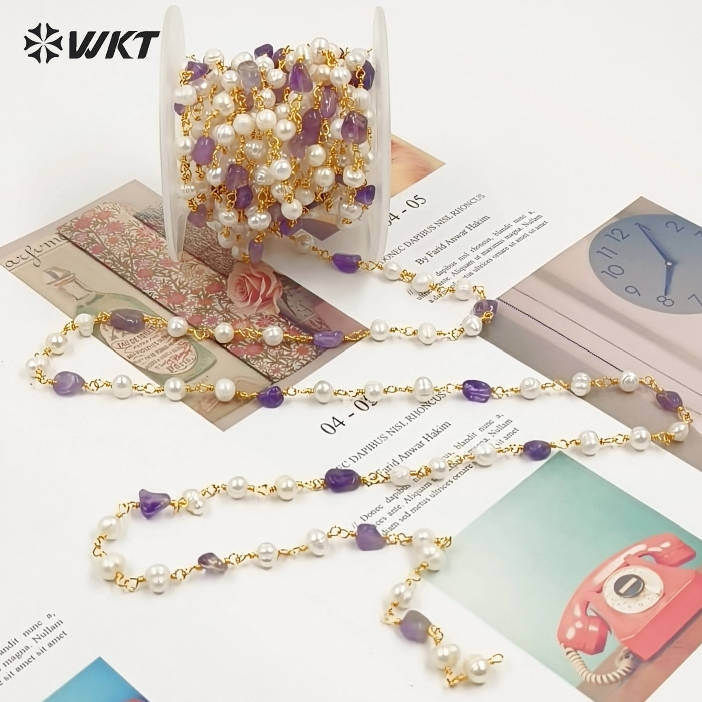 WT-RBC165 High Quality Natural Stone Make Chain Women Jewelry Findings Chain for Necklace Design Gold Rosary Beads Chain