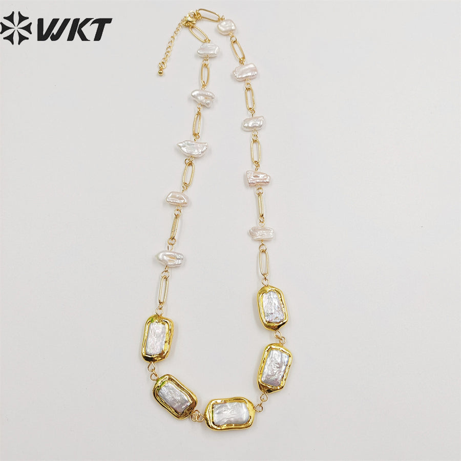 WT-JN210 Italian Designer New Style Gorgeous 18k Real Gold Plated Natural Freshwater Pearl Necklace in 16 Inch Long Birth Gift