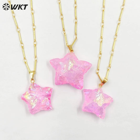 WT-N1346 WKT Best 2023 Newest Natural Pink Opal Necklace Star Shape Pendant Necklace Women Simple Hoop Aura Star Necklace