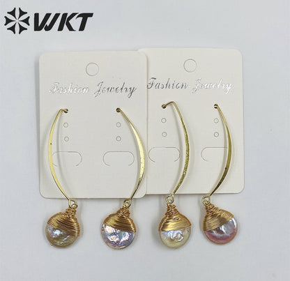 WT-E542 New Design Elegant White Pearl With Brass Wire Wrapped Pendant Earrings Natural Freshwater Pearl Earring
