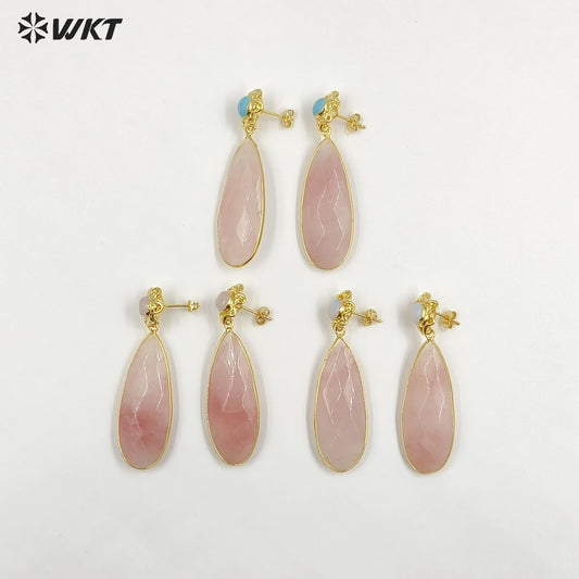 WT-E792 New Design Gold Plated Natural Small Gemstones And Pink Crystal Long Waterdrop Shape Earrings As Women Romantic Gift