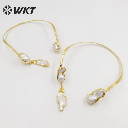 WT-JN212 Wholesale Fashion Gorgeous 18k Real Gold Plated Baroque Pearl Necklace Precious Noble Style Freshwater Pearl Necklace