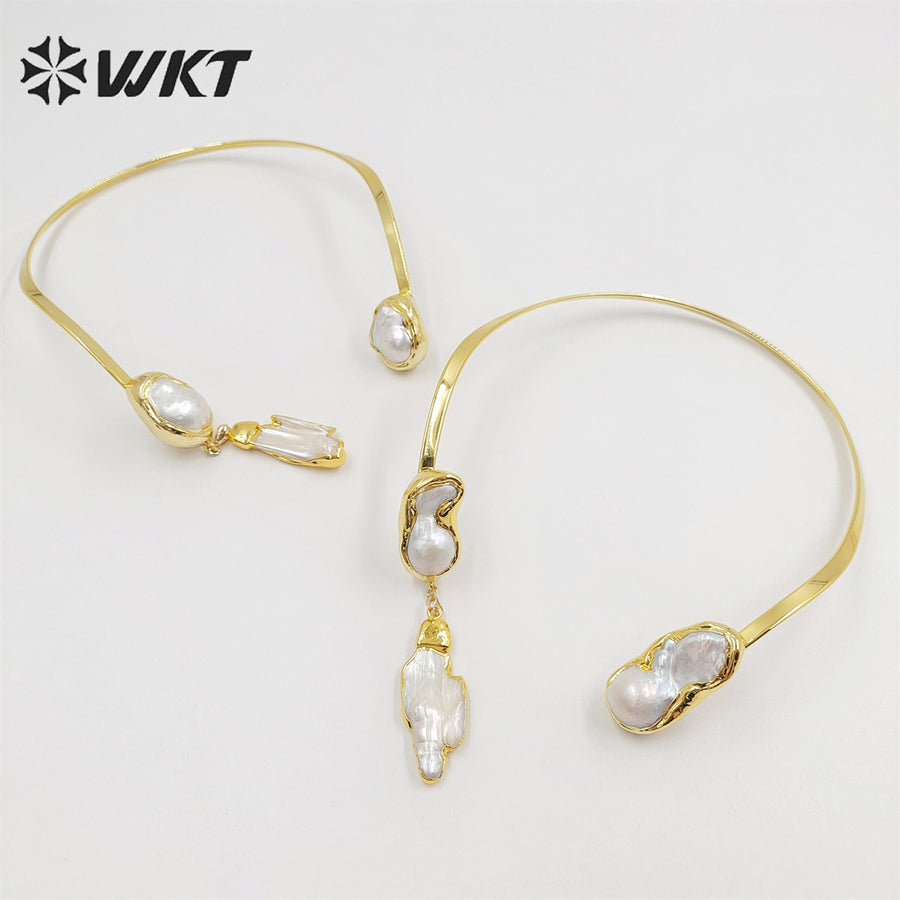 WT-JN212 Wholesale Fashion Gorgeous 18k Real Gold Plated Baroque Pearl Necklace Precious Noble Style Freshwater Pearl Necklace