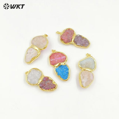 WT-P2003 Unique Popular 18K Real Gold Plated Natural Druzy Quartz With Aura Big Pendants in Romantic Style
