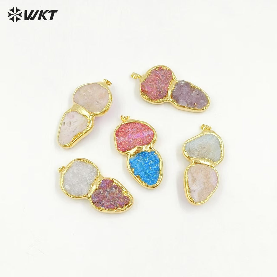 WT-P2003 Unique Popular 18K Real Gold Plated Natural Druzy Quartz With Aura Big Pendants in Romantic Style