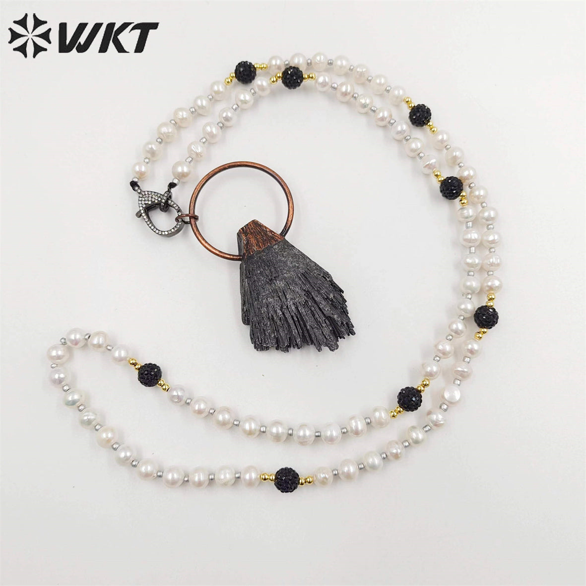 WT-N1415 Wholesale Newest Vintage Style Antique Copper Black Kyanite with Pearl Chain Necklace Pearl Beads Necklace