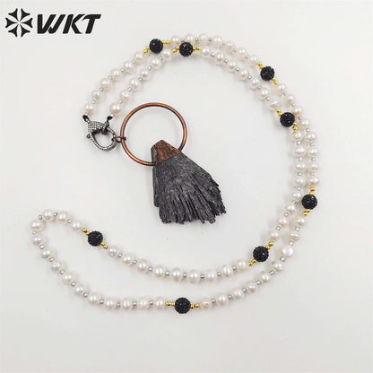 WT-N1415 Wholesale Newest Vintage Style Antique Copper Black Kyanite with Pearl Chain Necklace Pearl Beads Necklace