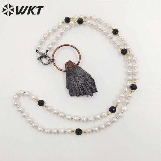 WT-N1415 Wholesale Newest Vintage Style Antique Copper Black Kyanite with Pearl Chain Necklace Pearl Beads Necklace