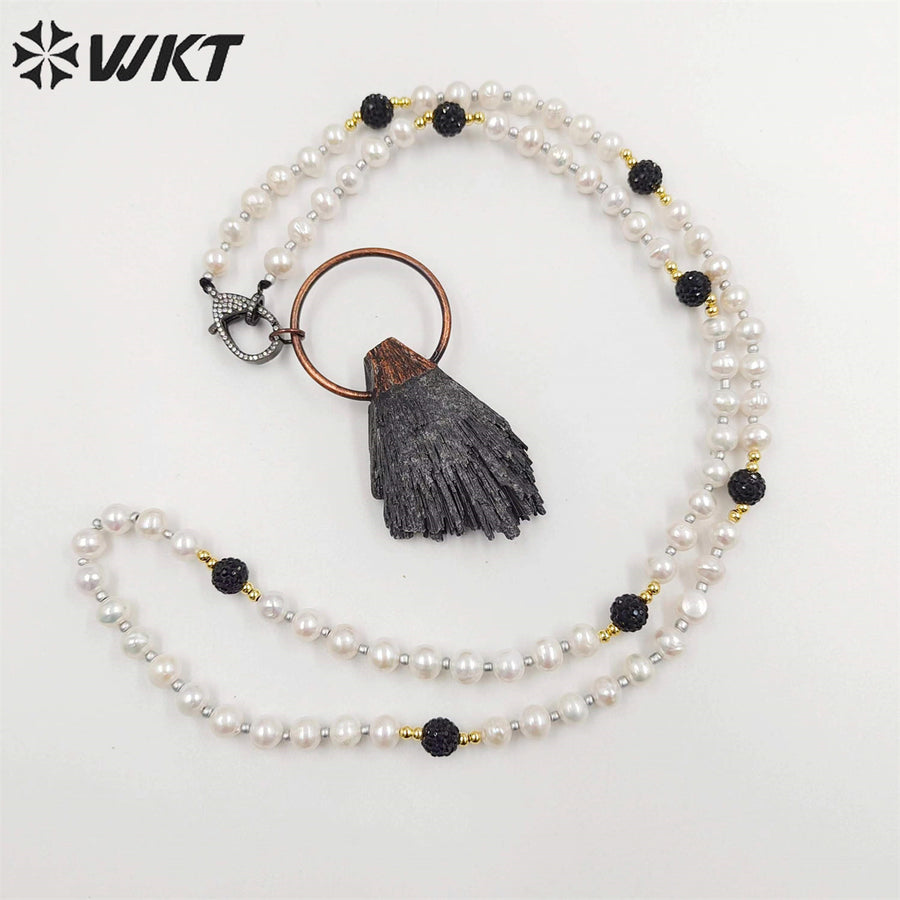 WT-N1415 Wholesale Newest Vintage Style Antique Copper Black Kyanite with Pearl Chain Necklace Pearl Beads Necklace
