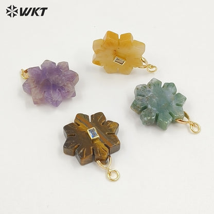WT-P2095 Romantic Colorful Natural Gemstones And Zircon Snowflake Shape Charm Pendants As Lady Handmade Earrings Findings