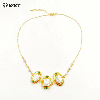 WT-JN267 Newest Gorgeous Lady Fashion Gold Plated Triple Freshwater Pearl Handmade Themed Pendant Necklace 16 Inch Long