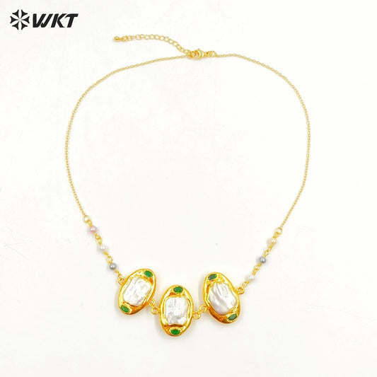 WT-JN267 Newest Gorgeous Lady Fashion Gold Plated Triple Freshwater Pearl Handmade Themed Pendant Necklace 16 Inch Long