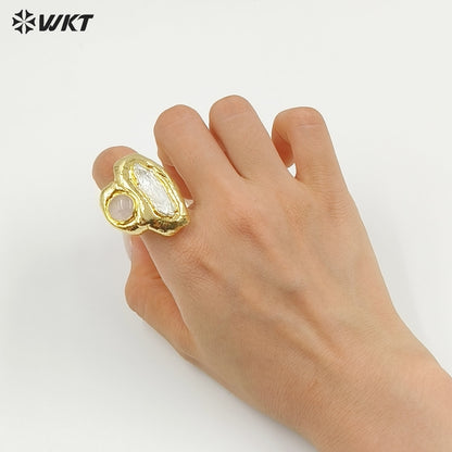 WT-MPR131 Wholesale Newest Design Fashion 18K Real Gold Plated Double Stone and Pearl Women Ring for Office Daily Styles