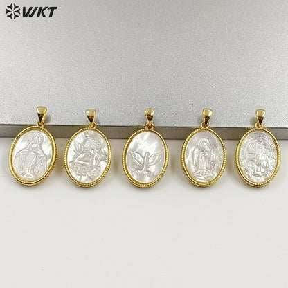 WT-JP464 New Arrival Religious Style Pattern 18 Gold Plated Natural Shell Oval Little Pendants For Women Necklace Making