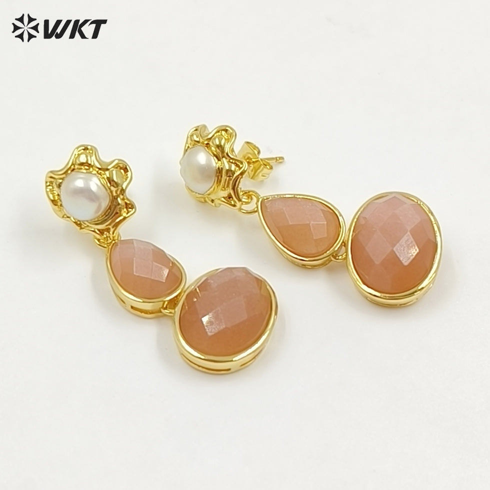 WT-E824 Exclusive Natural Pearl And Double Gemstones Gold Plated Women Earrings For Friends Vintage Beautiful Jewelry Gifts