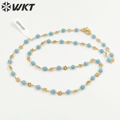 WT-N1435 Gorgeous Natural Colorful Beads Chain 90cm Long Handmade Wire Wrapped Rosary Beads Chain Necklace
