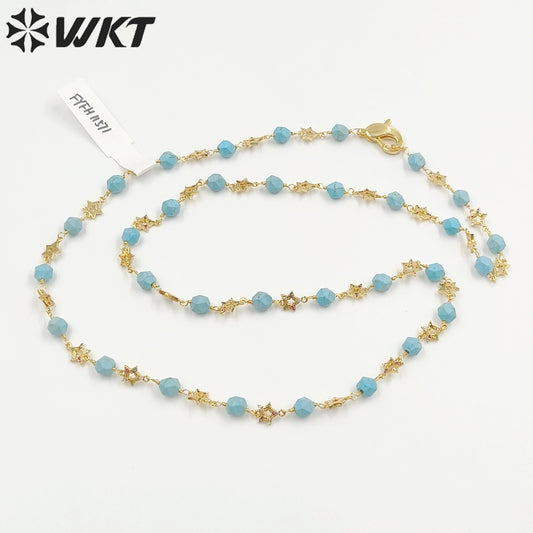 WT-N1435 Gorgeous Natural Colorful Beads Chain 90cm Long Handmade Wire Wrapped Rosary Beads Chain Necklace