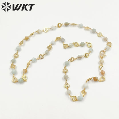 WT-N1435 Gorgeous Natural Colorful Beads Chain 90cm Long Handmade Wire Wrapped Rosary Beads Chain Necklace